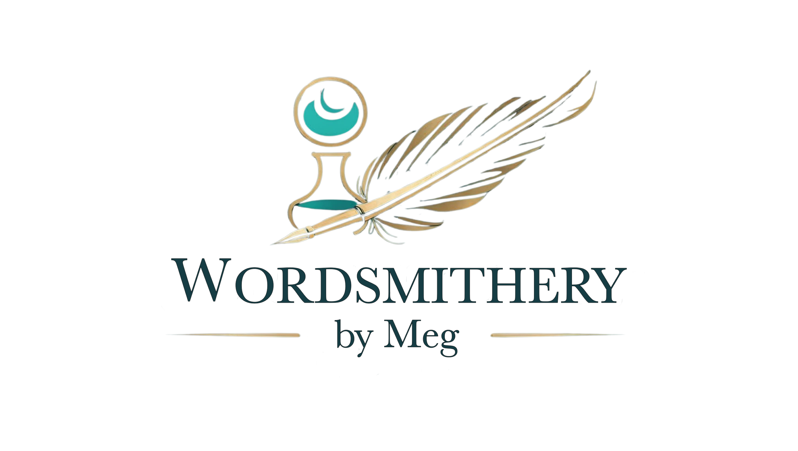 Wordsmithery by Meg logo showing ink bottle and quill with transparent background.